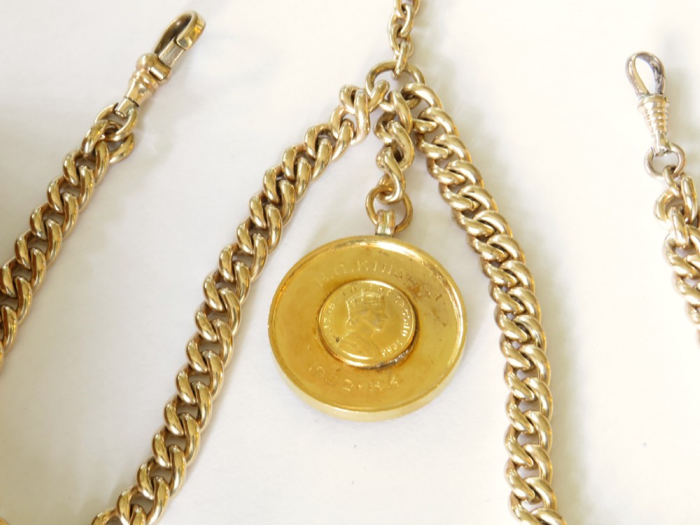 A gold filled double Albert watch chain featuring heavy curb links, a central T-bar, two swivel clasps, and a circular enamelled fob. View III