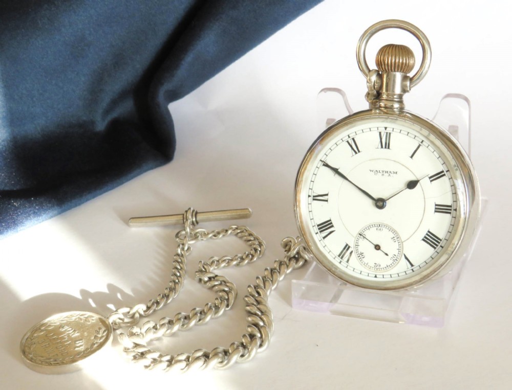 Antique Waltham silver pocket watch and chain
