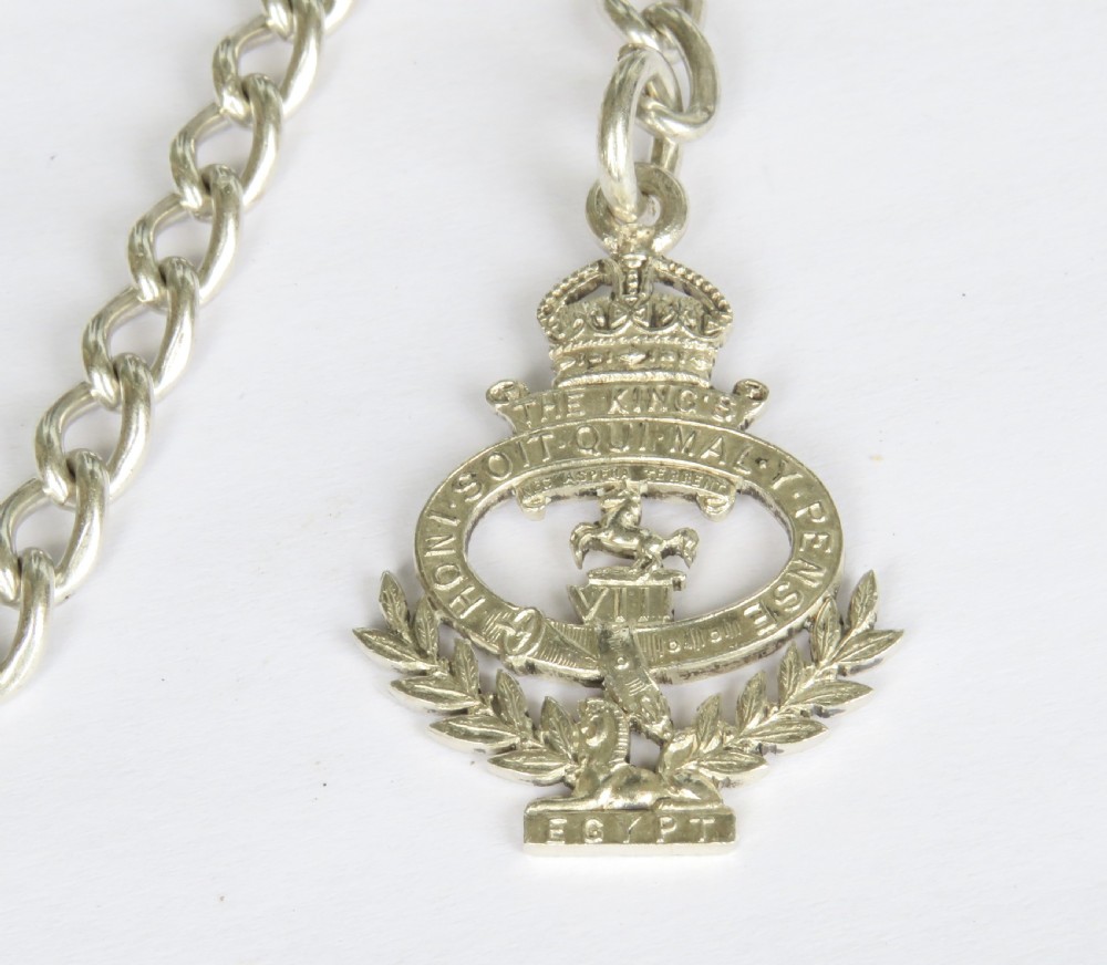 Antique silver watch chain and military fob View II