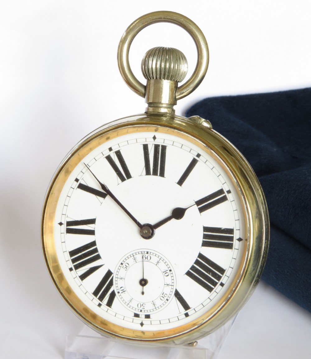 An antique Goliath pocket watch featuring a white enamel dial with black Roman numerals, subsidiary seconds dial, and a silver-tone metal case with a large top loop.