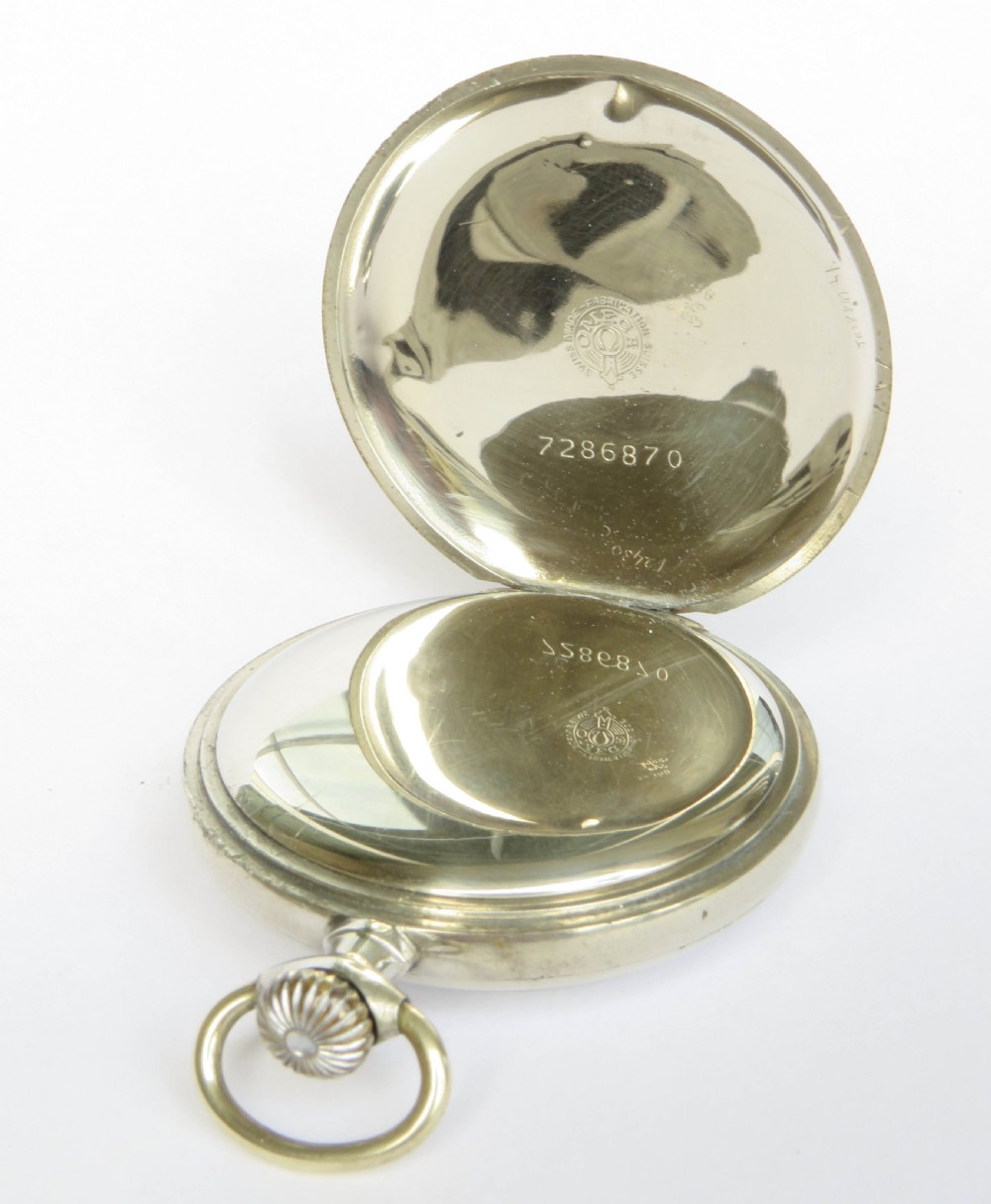 An open-face 1920s Omega pocket watch featuring a white enamel dial with black Roman numerals, blue minute numbers, a sub-seconds dial, and a silver-tone metal case. View III