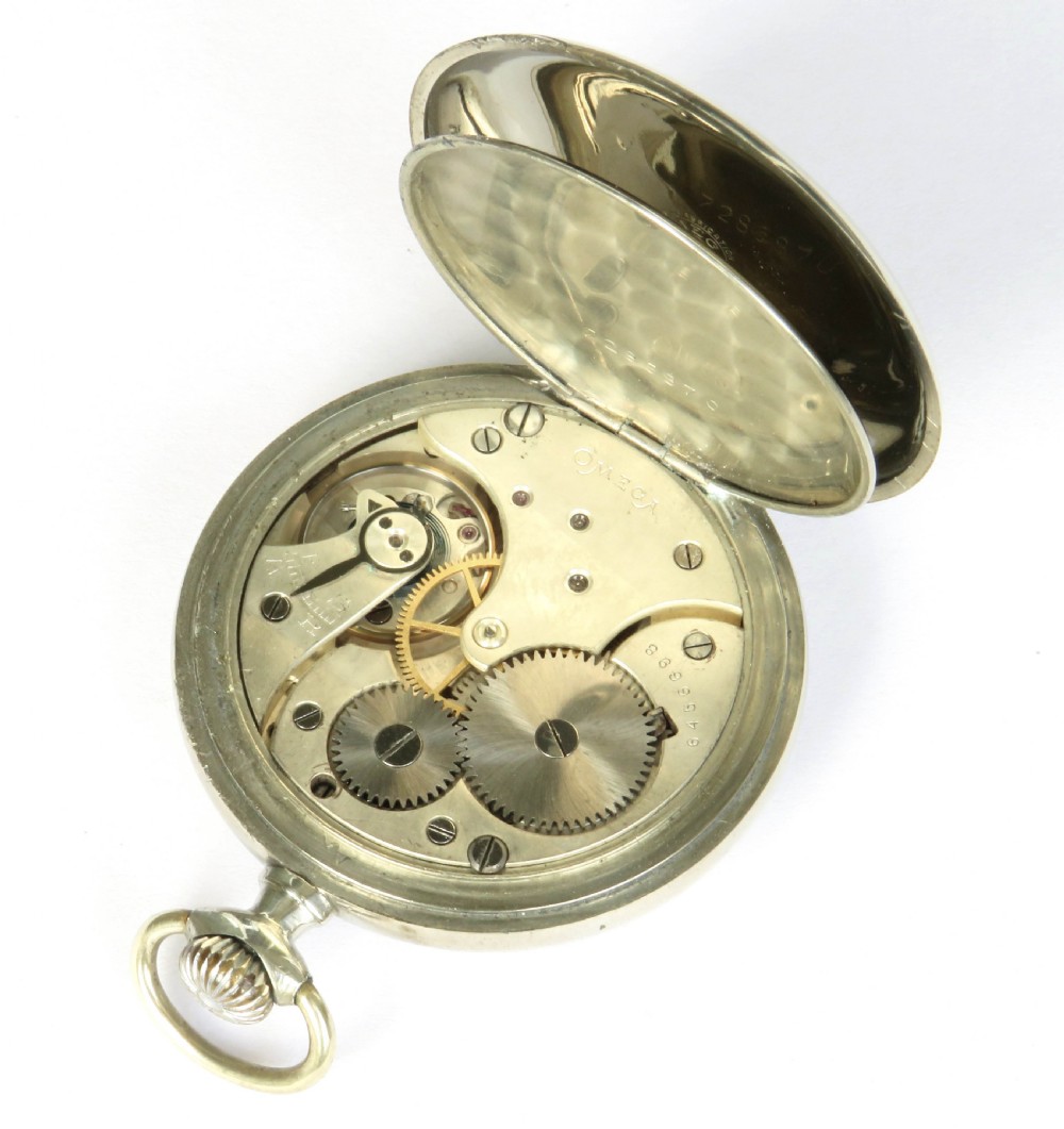 An open-face 1920s Omega pocket watch featuring a white enamel dial with black Roman numerals, blue minute numbers, a sub-seconds dial, and a silver-tone metal case. View IV