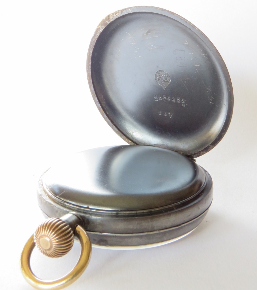 An open-face antique gunmetal pocket watch featuring a white enamel dial with black Roman numerals, gold-toned rim, and a subsidiary seconds sub-dial. View III