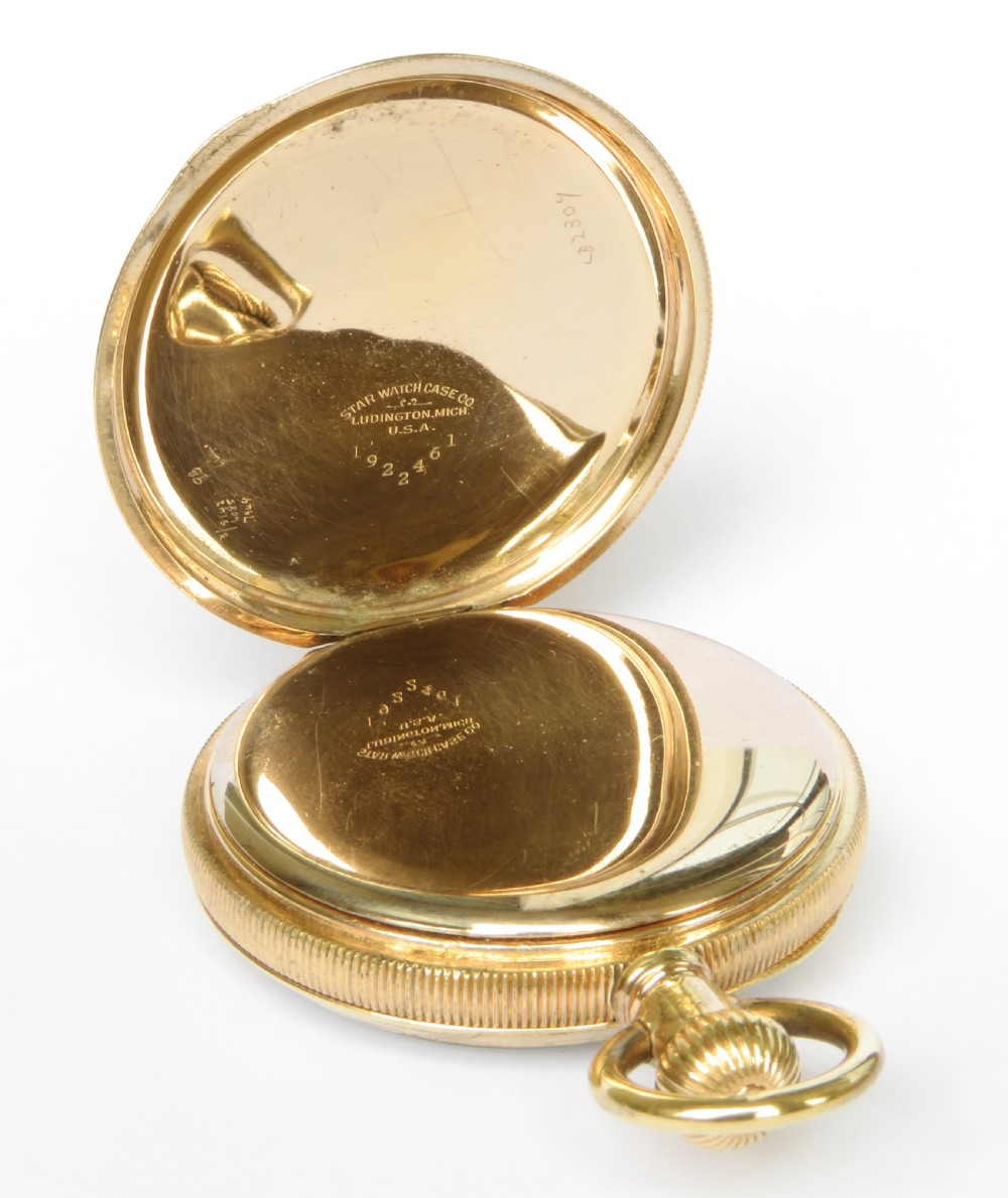An open-face gold-tone pocket watch featuring a white enamel dial with black Roman numerals and a subsidiary seconds dial. View III