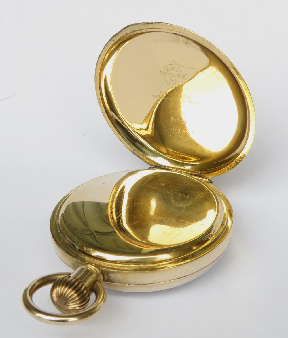 A 1920s open-face gold-toned pocket watch with a white enamel dial, black Roman numerals, and a subsidiary seconds track at six oclock. View III