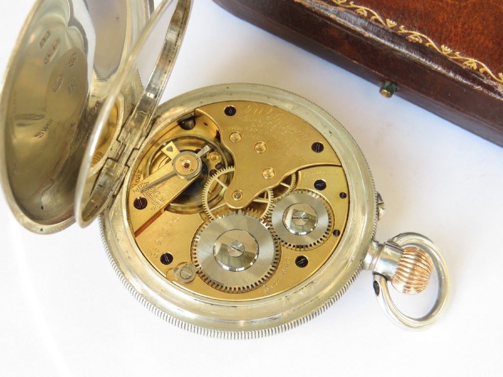 Silver half hunter Longines pocket watch for J W Benson View VI