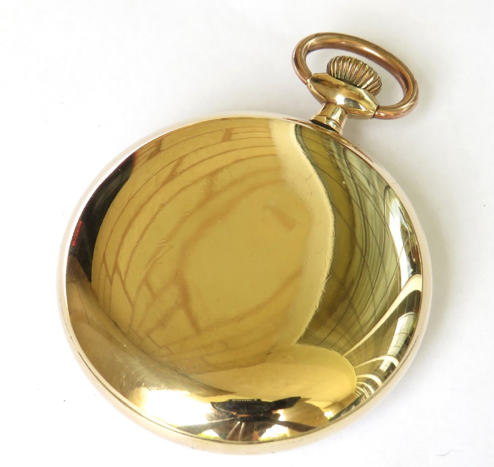 An antique open-face Elgin pocket watch featuring a gold-toned case, white enamel dial with black Arabic numerals, red minute markers, and a sub-seconds dial at six oclock. View V
