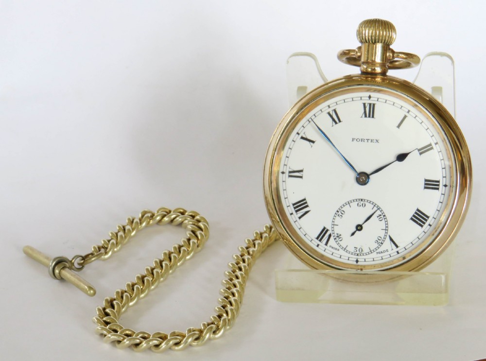 A gold-toned open-face pocket watch with a white dial, black Roman numerals, subsidiary seconds sub-dial, and an attached curb chain. View II