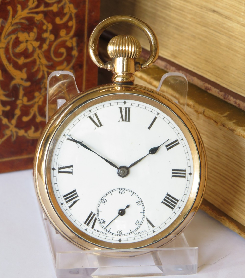 A gold-plated open-face pocket watch featuring a white enamel dial with black Roman numerals and a small seconds sub-dial at six oclock. View II