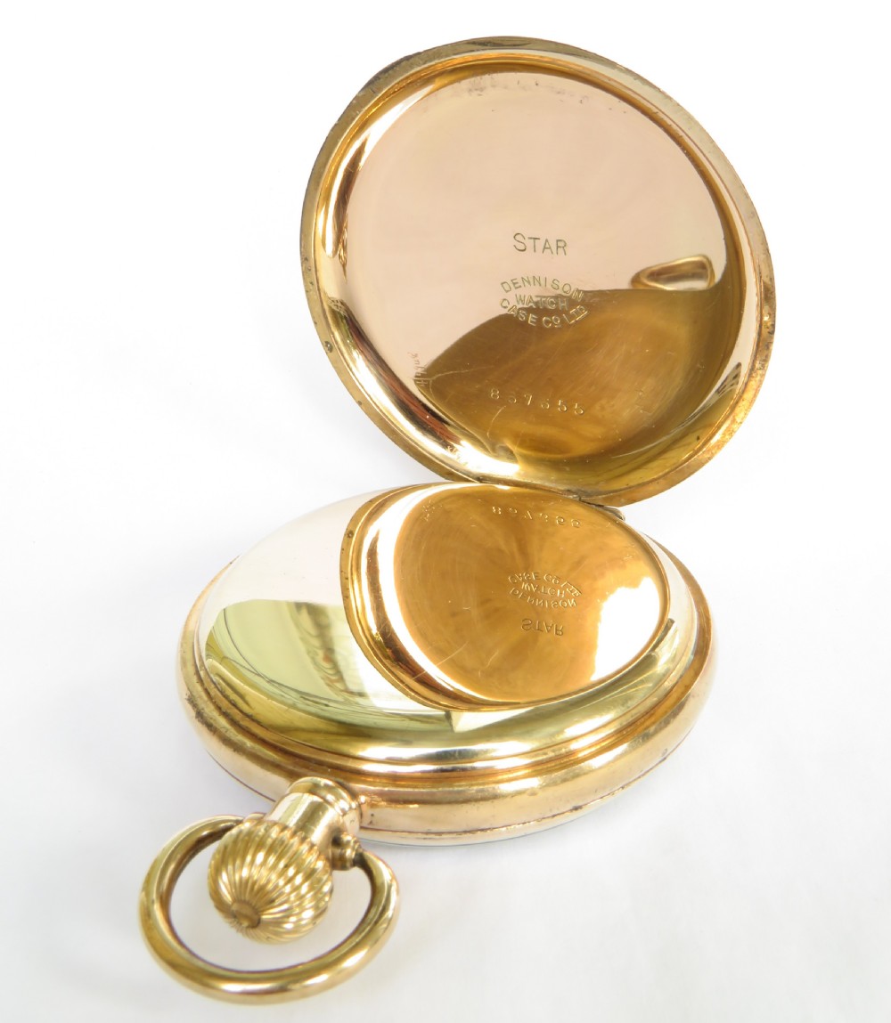 A gold-plated open-face pocket watch featuring a white enamel dial with black Roman numerals and a small seconds sub-dial at six oclock. View III