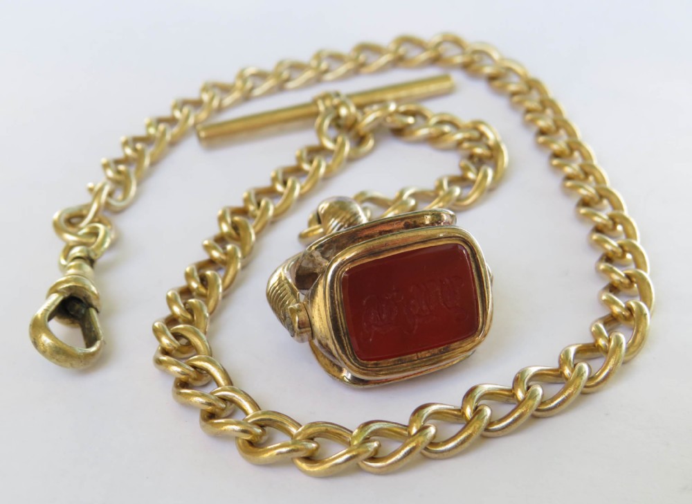 A rolled gold curb link Albert chain featuring a T-bar, dog clip, and a rectangular red carnelian swivel fob.