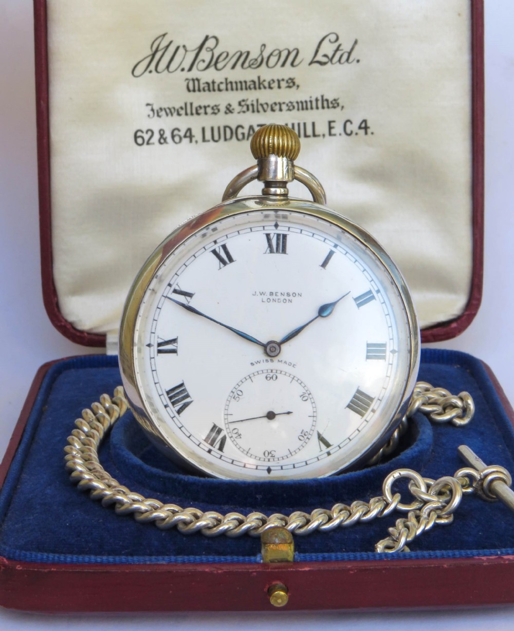 Antique silver J W Benson pocket watch and chain