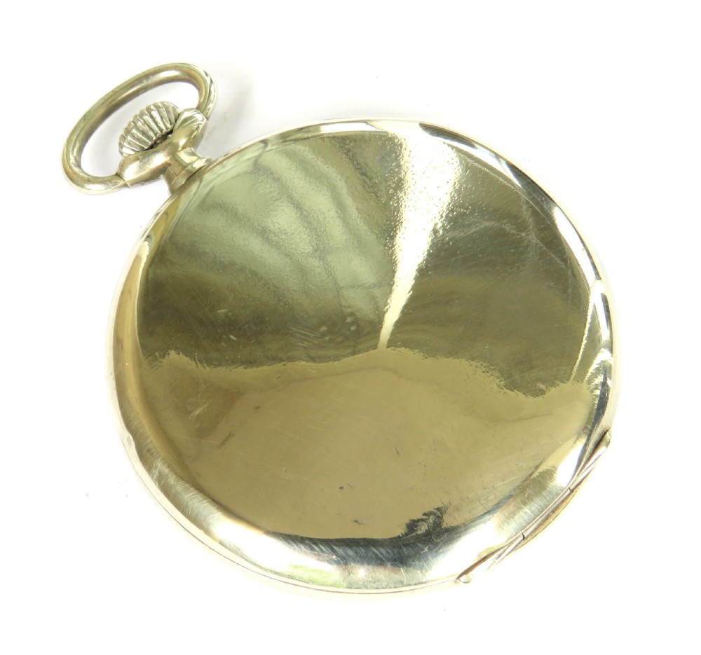 A 1943 open-face Omega pocket watch featuring a white enamel dial, black Arabic numerals, a sub-seconds dial, and a silver-toned metal case. View IV