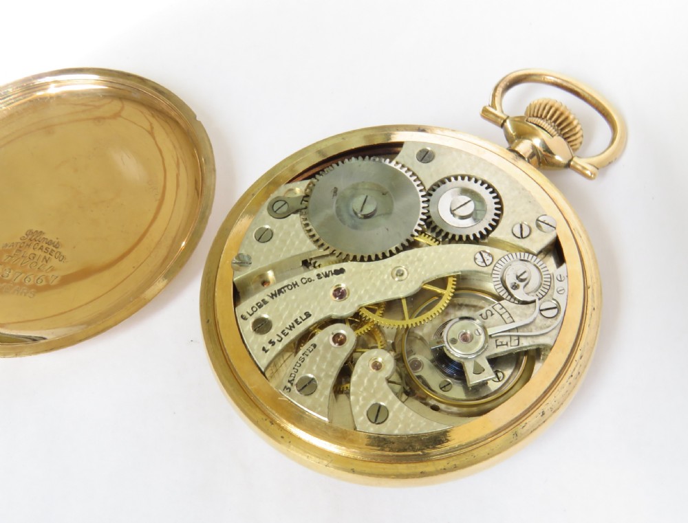 A 1920s open-face gold pocket watch featuring a white enamel dial with black Roman numerals and a subsidiary seconds dial. View III