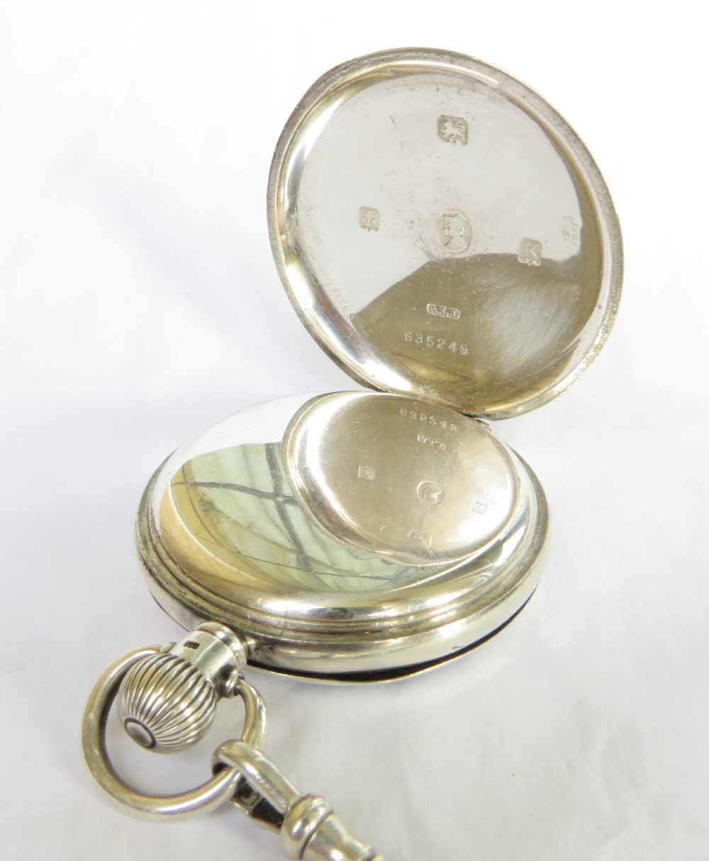 Silver Cyma pocket watch and chain, J W Benson, 1934 View III