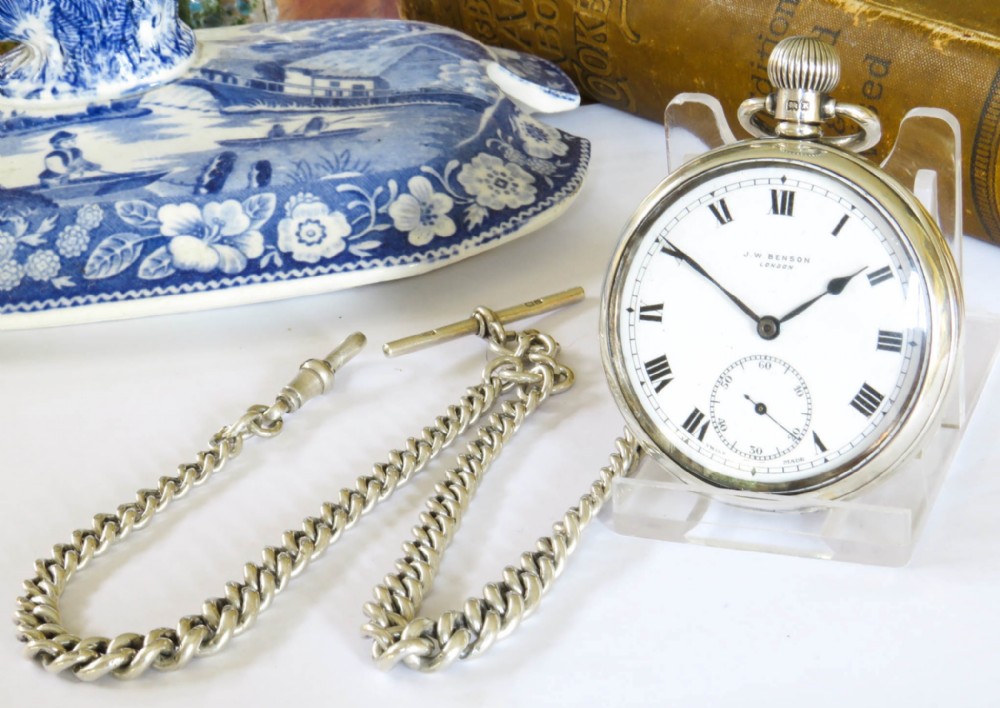 Silver Cyma pocket watch and chain, J W Benson, 1934