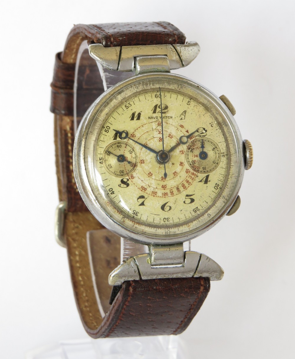 A 1930s gents chronograph wristwatch featuring a patinated cream dial, dual sub-dials, silver-tone case, and a textured brown leather strap. View II