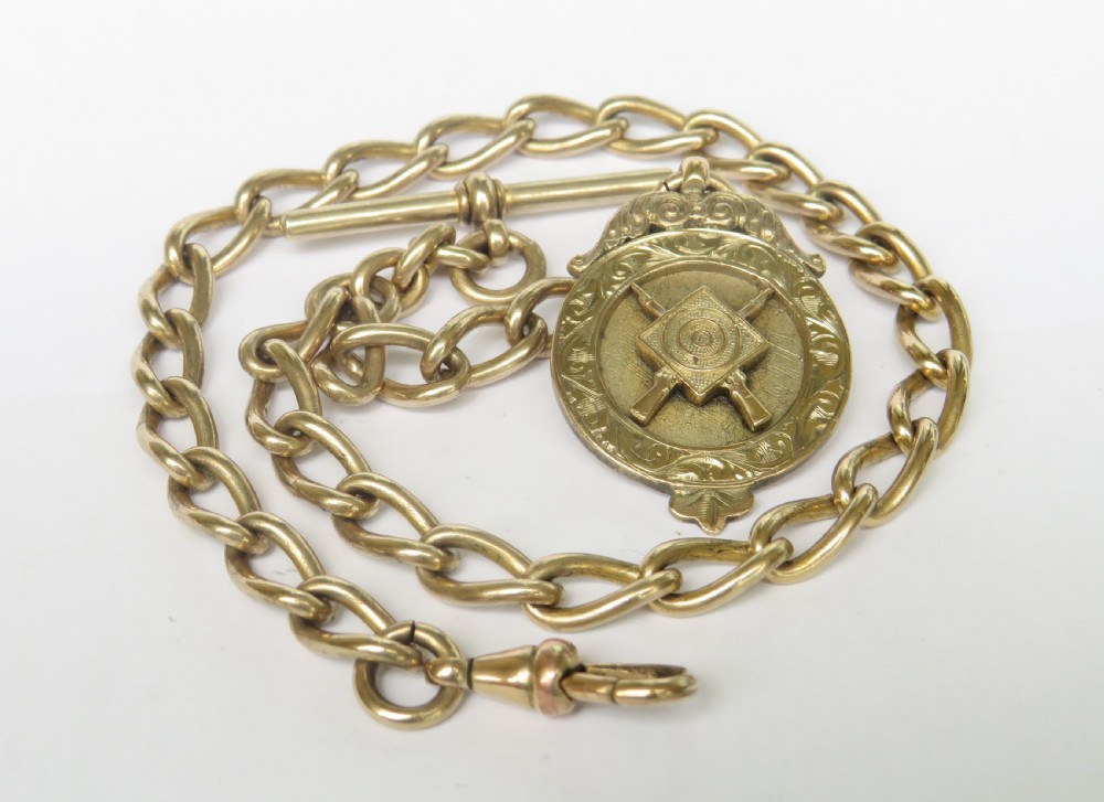 Antique rolled gold pocket watch albert chain & rifle club fob