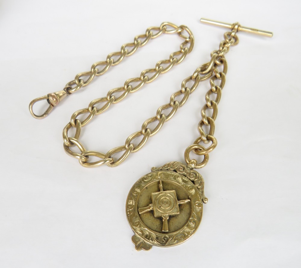 Antique rolled gold pocket watch albert chain & rifle club fob View II