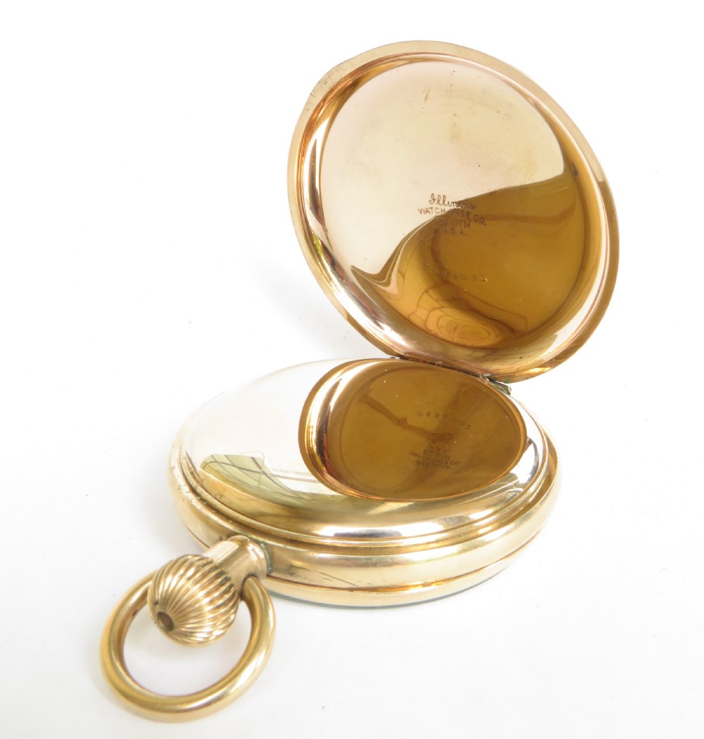A 1930s gold-toned open-face pocket watch featuring a white dial, bold black Arabic numerals, and a small subsidiary seconds dial at the bottom. View III