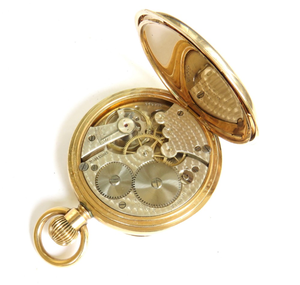 A 1930s gold-toned open-face pocket watch featuring a white dial, bold black Arabic numerals, and a small subsidiary seconds dial at the bottom. View IV