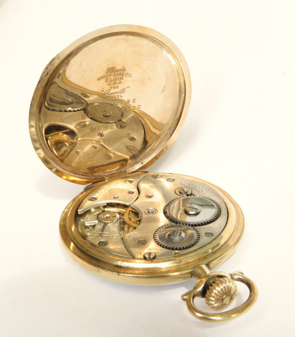 A gold-toned open-face pocket watch featuring a white enamel dial with black Arabic numerals and a sub-seconds dial. View III