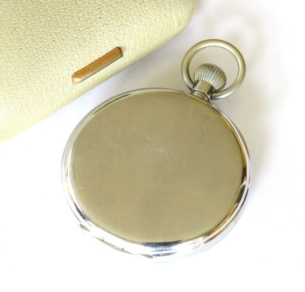 A 1950s Bravingtons Renown open-face pocket watch with a cream dial, black Arabic numerals, and blued steel hands, set inside its cream presentation case. View V