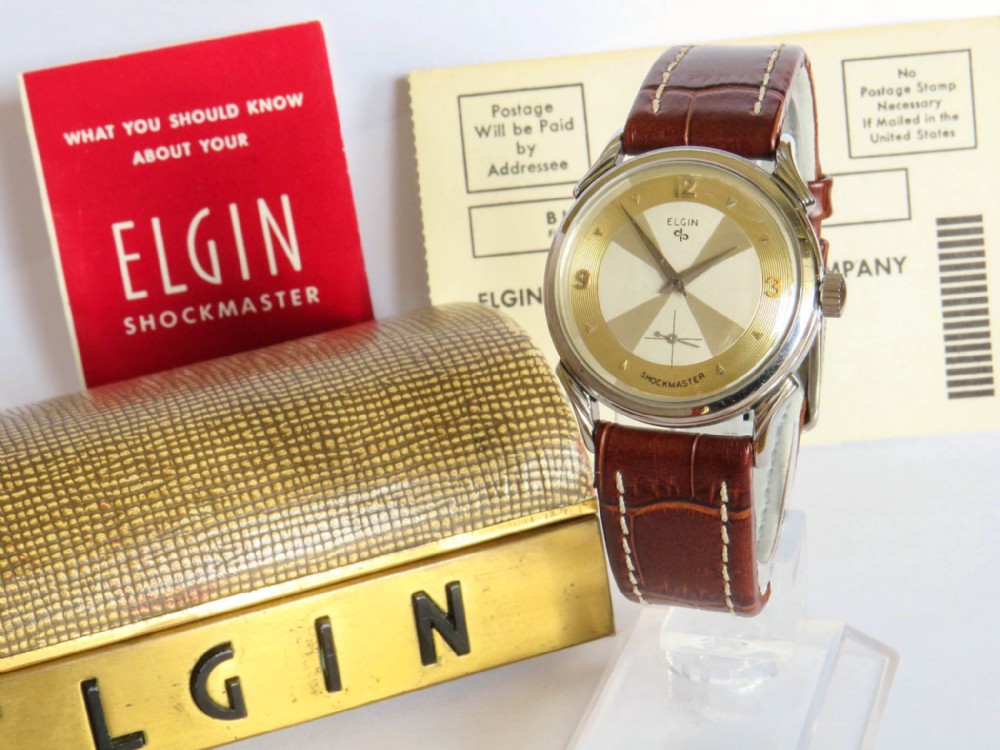 Gents 1950s Elgin Shockmaster wrist watch, box & papers