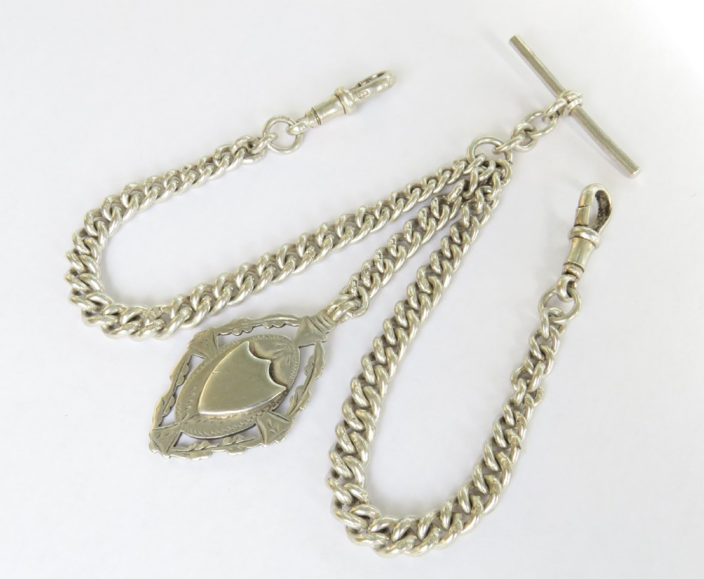 English 1936 silver double watch chain and fob