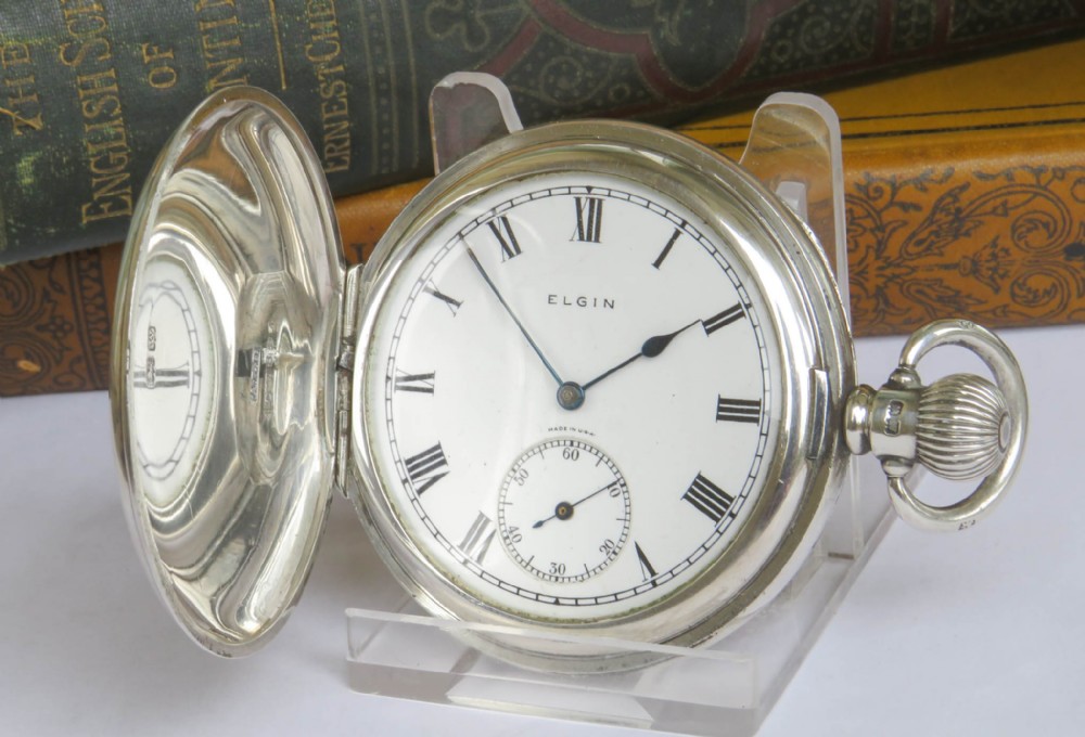 Antique 1920s silver Elgin hunter pocket watch