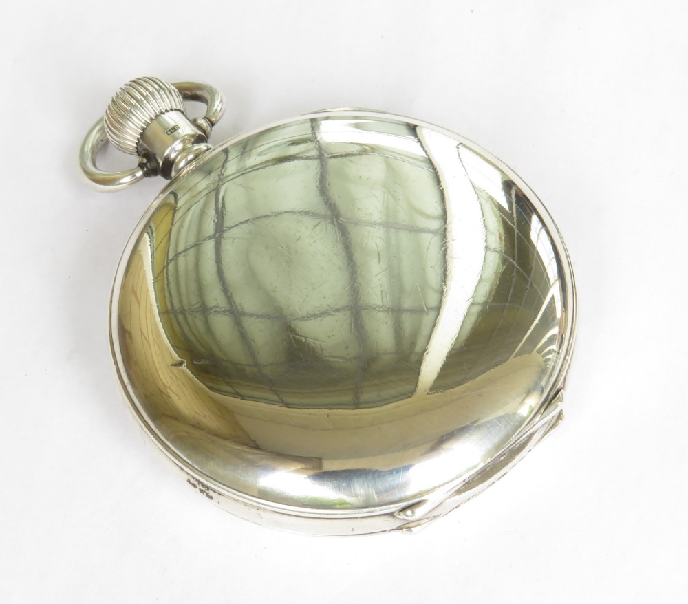 An antique 1920s Elgin silver full hunter pocket watch shown open, featuring a white enamel dial with black Roman numerals and a small seconds sub-dial. View V