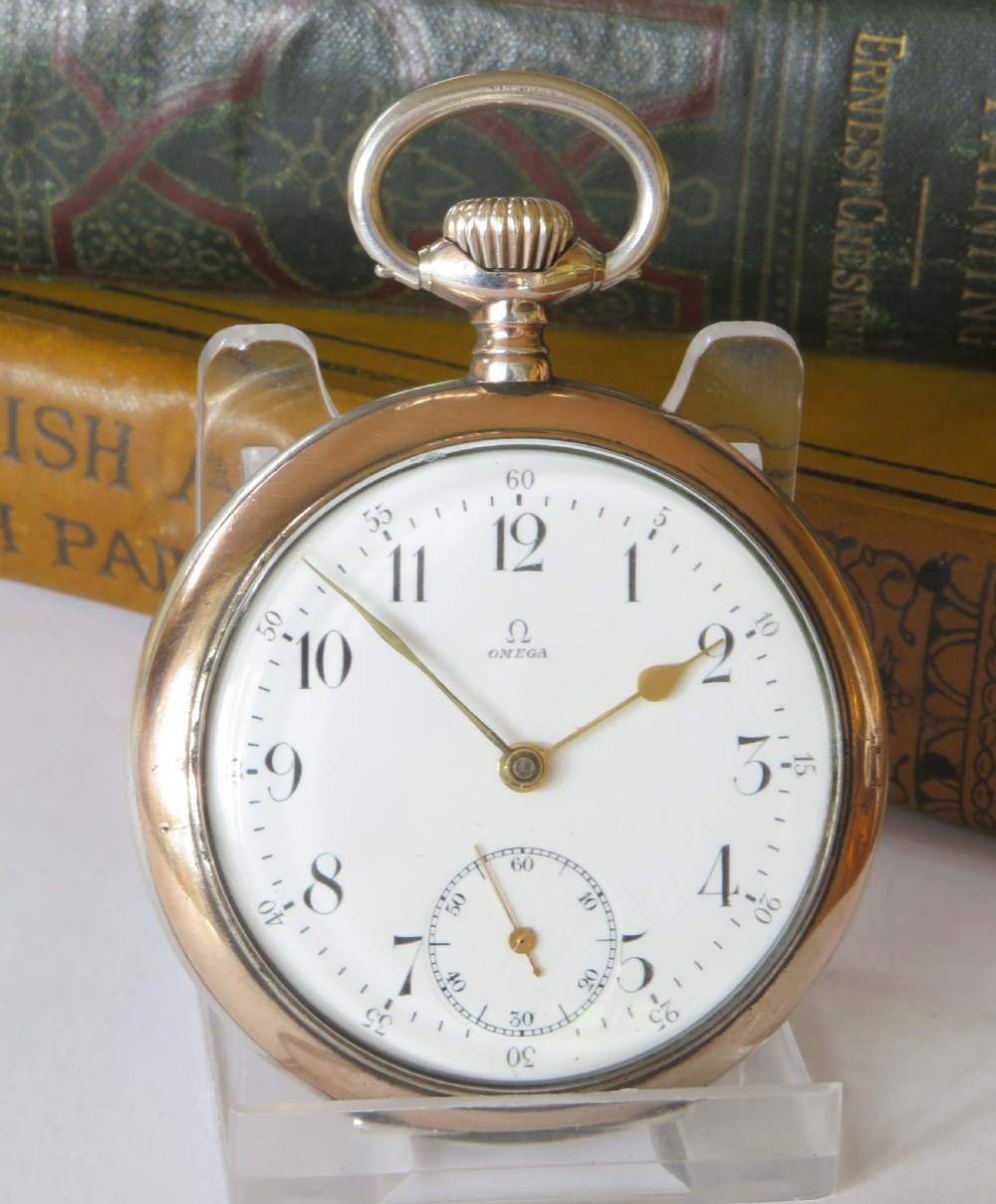 An antique open-face silver pocket watch featuring a white enamel dial with black Arabic numerals and a subsidiary seconds dial at six oclock. View II