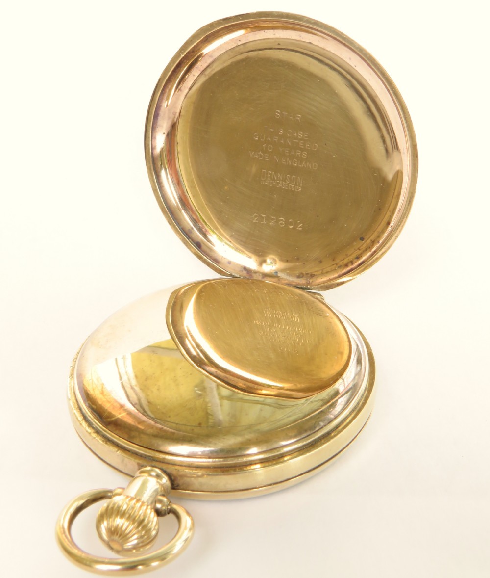 An open-face 1930s Omega gold pocket watch featuring a white dial with black Roman numerals, a subsidiary seconds dial, and a top winding crown ring. View III