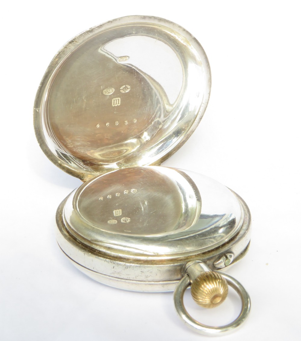 An antique silver open-face chronograph pocket watch featuring a white enamel dial with Roman numerals, two sub-dials, and a gold crown. View III