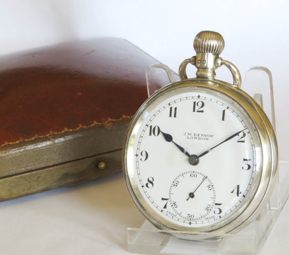 An antique open-face sterling silver pocket watch featuring a white enamel dial with black Arabic numerals and a subsidiary seconds dial.