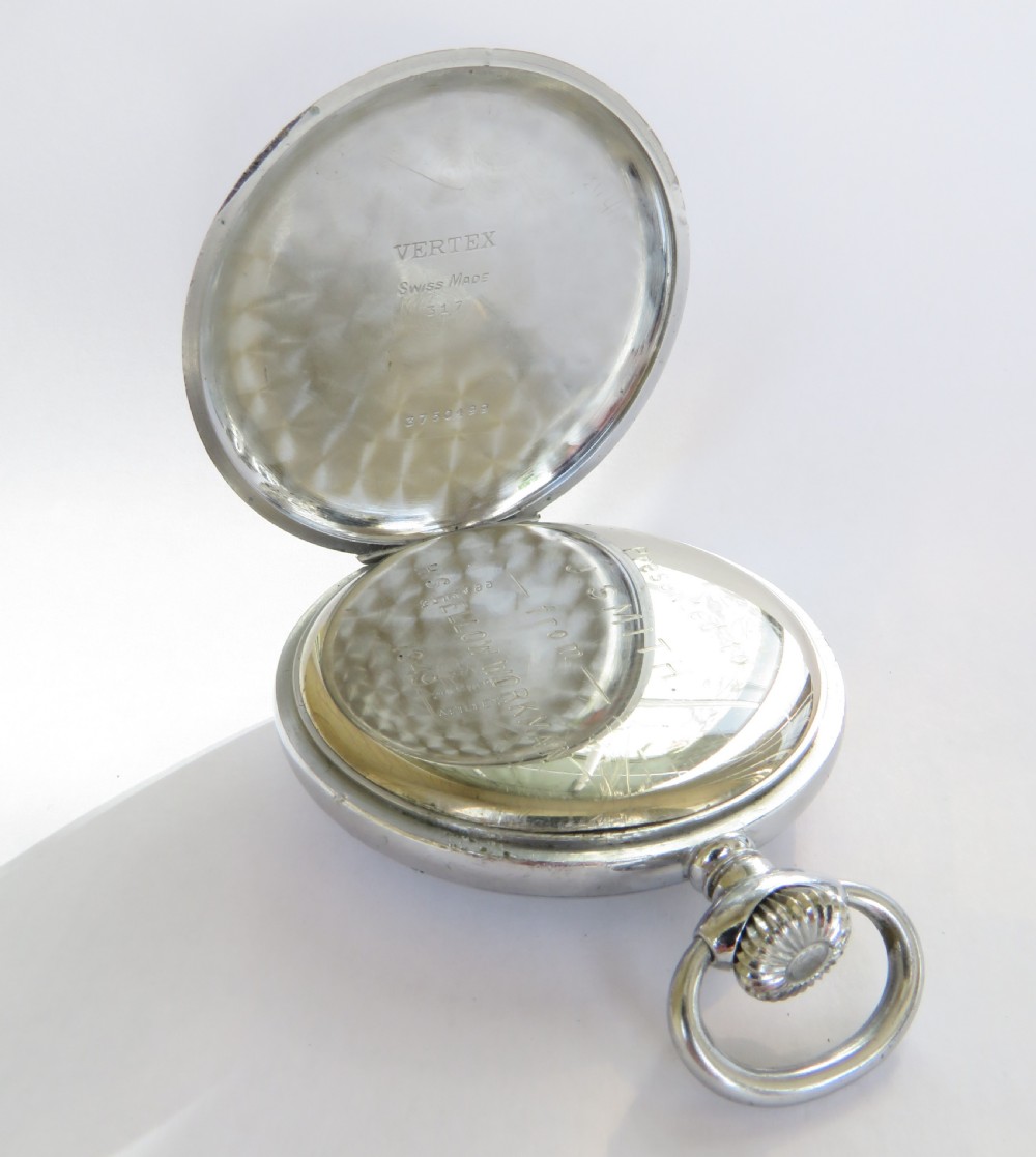 A 1940s silver-toned open-face pocket watch featuring a white enamel dial signed J W Benson London with black Arabic numerals and a subsidiary seconds dial. View IV