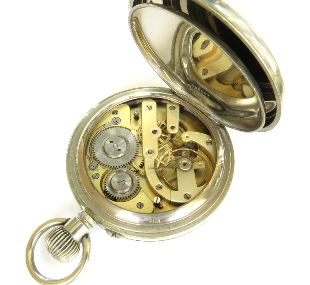 An antique Edwardian Goliath pocket watch featuring a black dial with circular mother-of-pearl cartouche hour markers, Roman numerals, and a gold-tone bezel ring. View IV