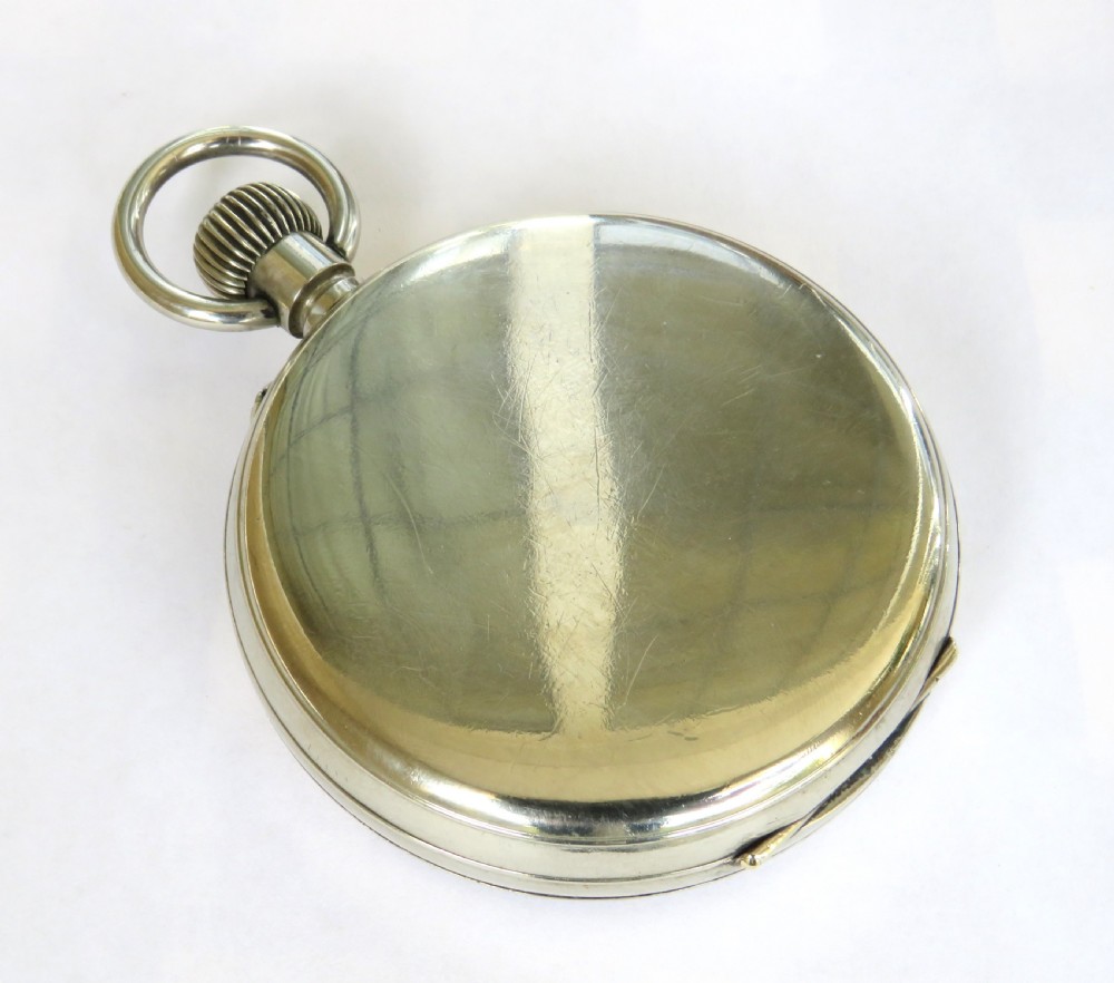An antique Edwardian Goliath pocket watch featuring a black dial with circular mother-of-pearl cartouche hour markers, Roman numerals, and a gold-tone bezel ring. View V