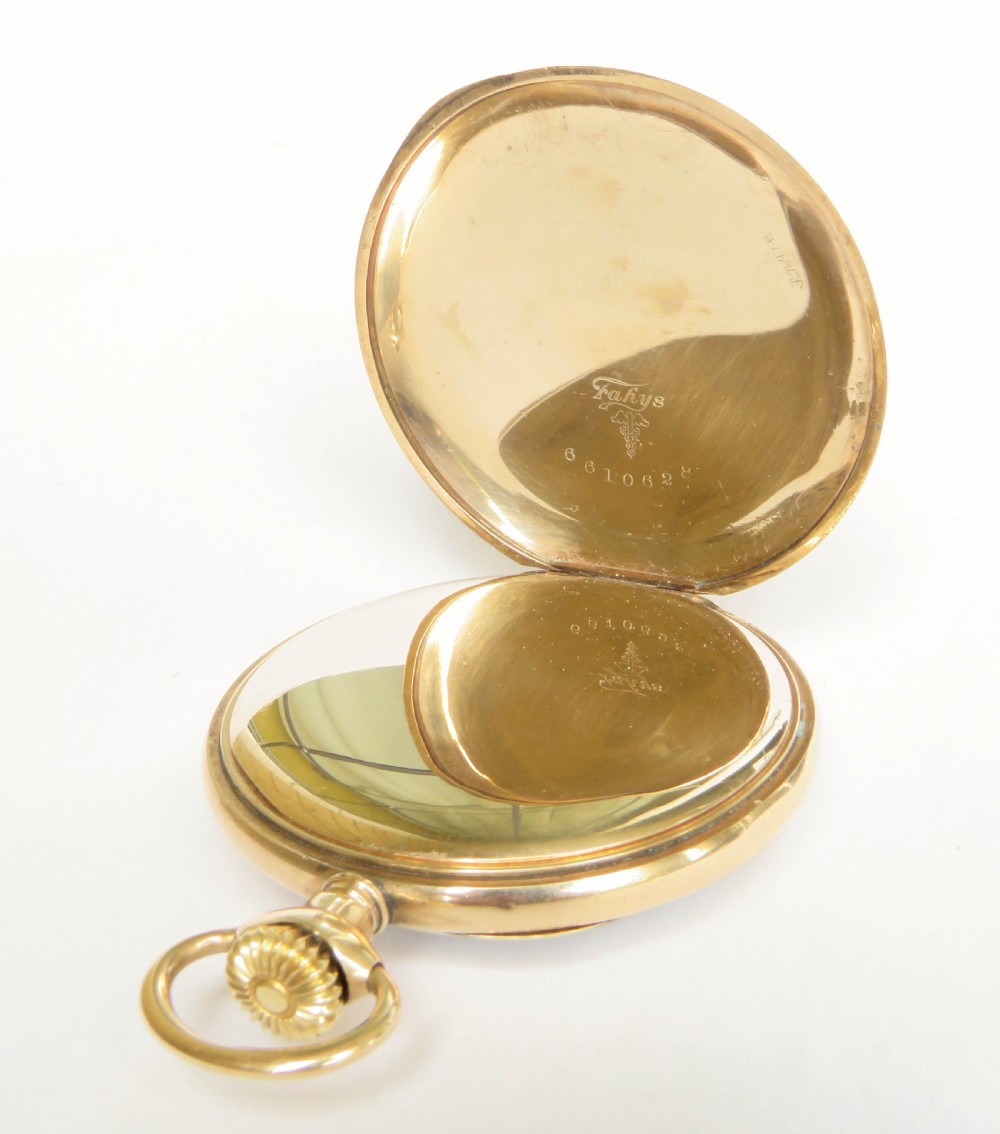 An Edwardian open-face gold-filled Elgin pocket watch featuring a white enamel dial with black Arabic numerals and a subsidiary seconds dial. View III