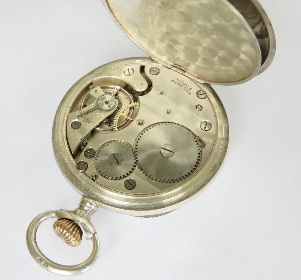 An open-face antique Swiss silver pocket watch featuring a white enamel dial with black Roman numerals and a subsidiary seconds sub-dial. View IV