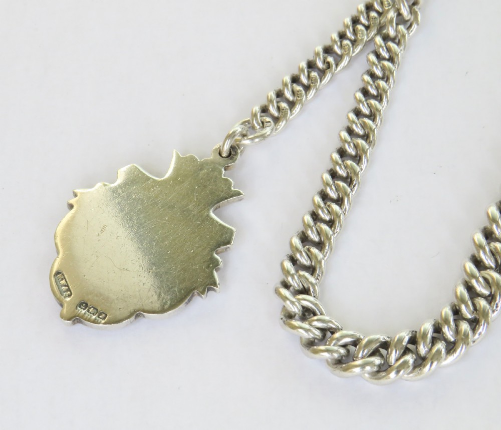 A sterling silver curb link pocket watch chain featuring a T-bar, swivel clasp, and an engraved shield-shaped darts medallion fob. View III