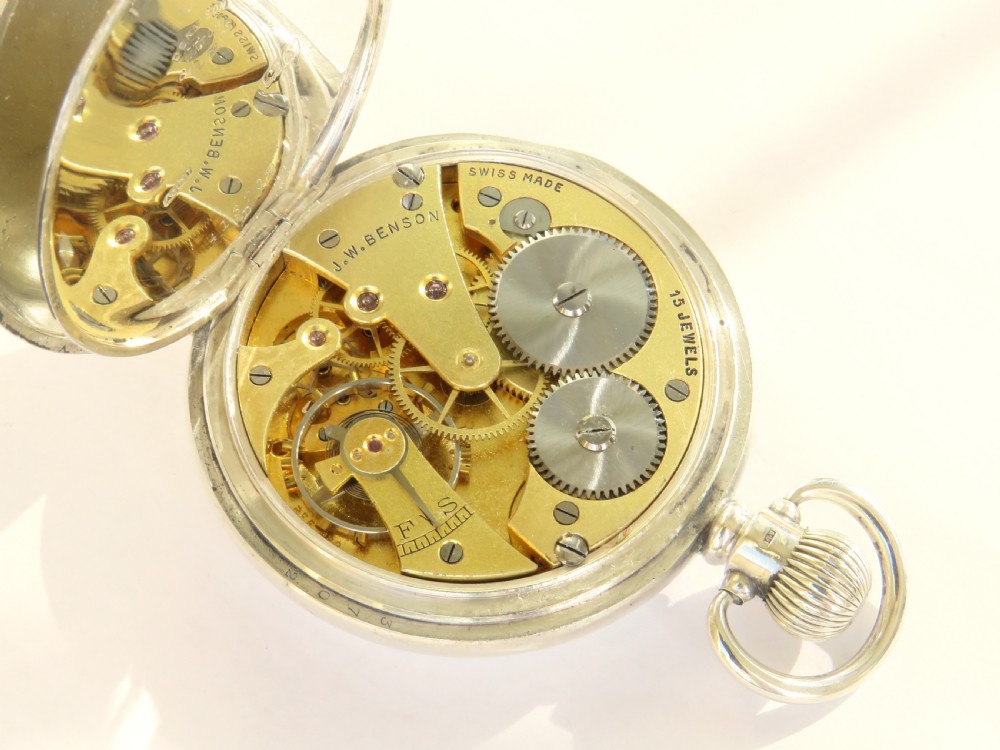 An open-face silver pocket watch by J.W. Benson featuring a white enamel dial with black Roman numerals and a subsidiary seconds dial. View V