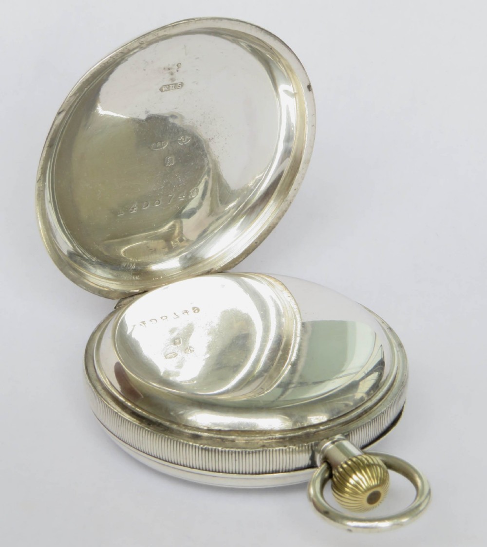 An open-face silver pocket watch featuring a white enamel dial with black Roman numerals, a sub-seconds dial at the bottom, and a brass winding crown at the top. View III
