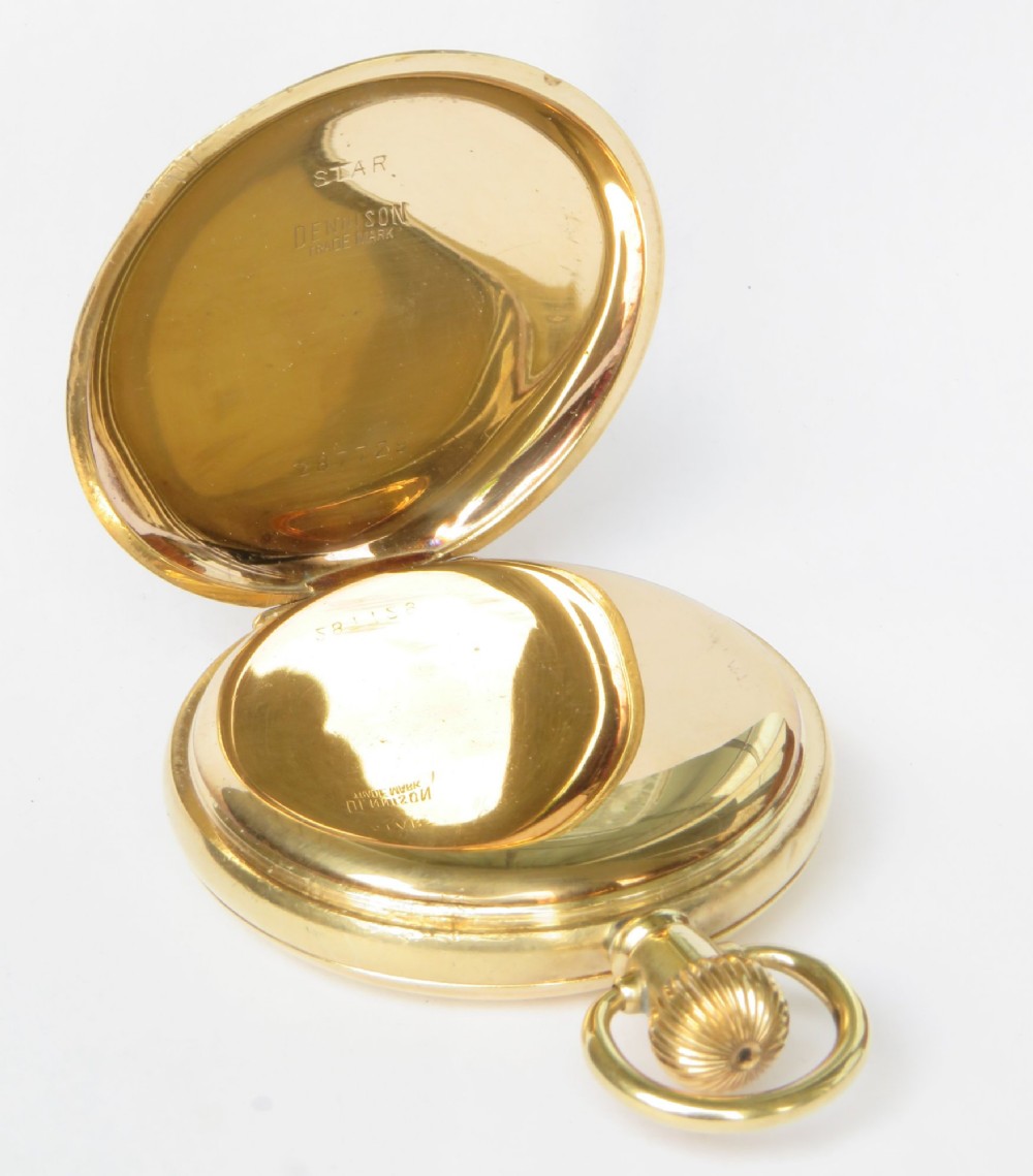 An open vintage gold-plated full hunter pocket watch displaying a white enamel dial with black Arabic numerals and a subsidiary seconds dial. View III