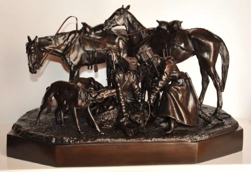RUSSIAN BRONZE SCULPTURE WOLF HUNTING GROUP BY NIKOLAI LIEBERICH