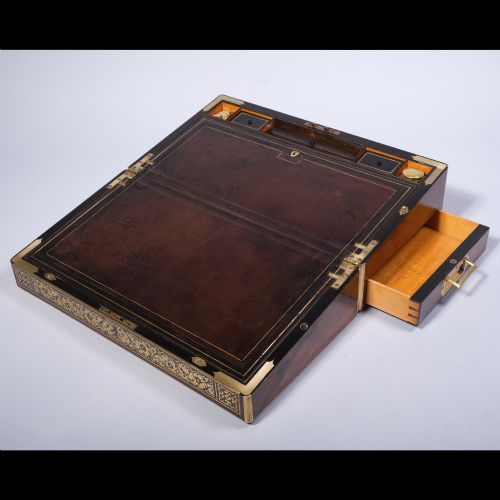 LARGE DOCUMENTED 19TH CENTURY BRASS INLAID WRITING BOX - ADDITIONAL PHOTO 1