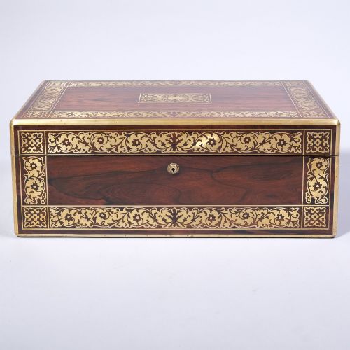 LARGE DOCUMENTED 19TH CENTURY BRASS INLAID WRITING BOX - ADDITIONAL PHOTO 6