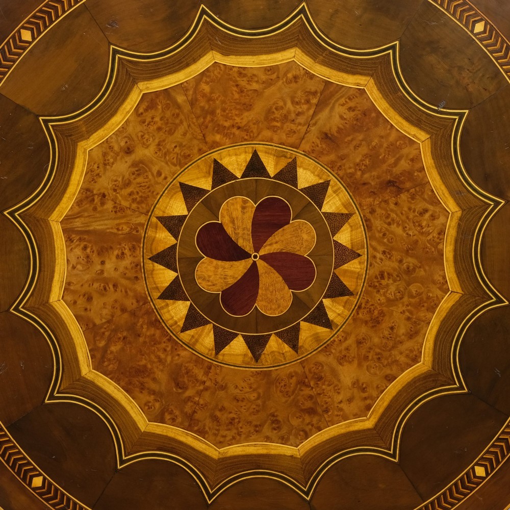 An early 19th-century octagonal work table featuring intricate geometric parquetry inlay, a faceted central column, and carved claw feet. View IV