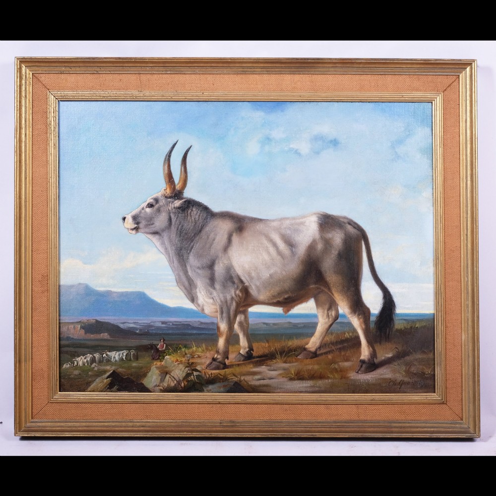 A 19th-century oil painting depicting a grey Tuscan bull standing in profile within a pastoral landscape, set inside a gilt frame.