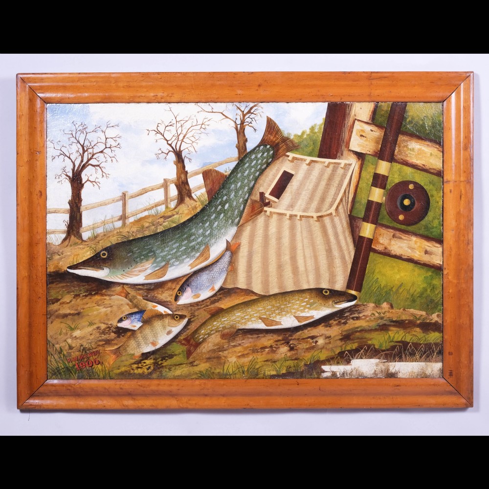An early 20th-century framed oil painting on canvas depicting a catch of pike and smaller freshwater fish alongside a rod, reel, and wicker creel.